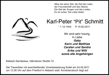 Traueranzeige von Pit Schmitt von Echo-Zeitungen (Gesamtausgabe)