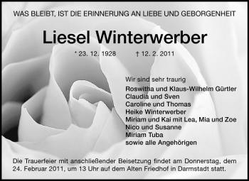 Traueranzeige von Liesel Winterwerber von Darmstädter Echo, Odenwälder Echo, Rüsselsheimer Echo, Groß-Gerauer-Echo, Ried Echo