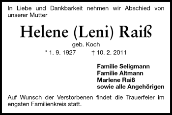 Traueranzeige von Helene Raiß von Echo-Zeitungen (Gesamtausgabe)