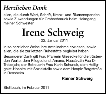 Traueranzeige von Irene Schweig von Echo-Zeitungen (Gesamtausgabe)