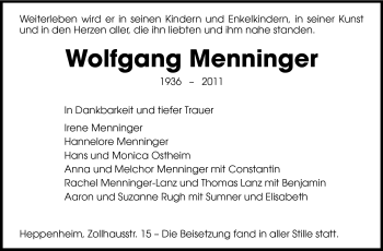Traueranzeige von Wolfgang Menninger von Echo-Zeitungen (Gesamtausgabe)