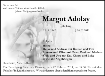 Traueranzeige von Margot Adolay von Rüsselsheimer Echo, Groß-Gerauer-Echo, Ried Echo