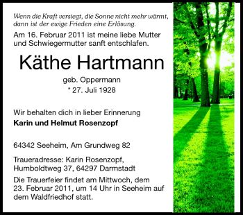 Traueranzeige von Käthe Hartmann von Echo-Zeitungen (Gesamtausgabe)