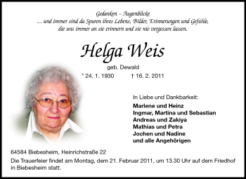 Traueranzeige von Helga Weis von Rüsselsheimer Echo, Groß-Gerauer-Echo, Ried Echo