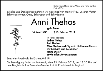 Traueranzeige von Anni Thehos von Echo-Zeitungen (Gesamtausgabe)