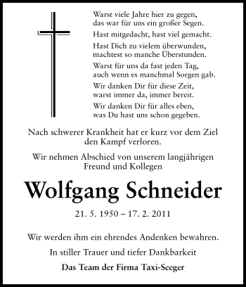 Traueranzeige von Wolfgang Schneider von Darmstädter Echo, Odenwälder Echo, Rüsselsheimer Echo, Groß-Gerauer-Echo, Ried Echo