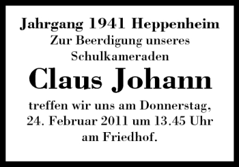 Traueranzeige von Claus Johann von Starkenburger Echo