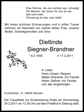 Traueranzeige von Dietlinde Siegner-Brandner von Echo-Zeitungen (Gesamtausgabe)