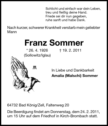 Traueranzeige von Franz Sommer von Odenwälder Echo