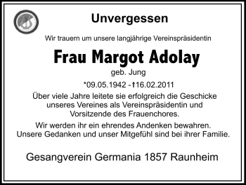 Traueranzeige von Margot Adolay von Rüsselsheimer Echo, Groß-Gerauer-Echo, Ried Echo