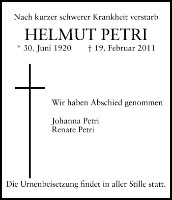 Traueranzeige von Helmut Petri von Echo-Zeitungen (Gesamtausgabe)