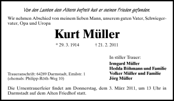 Traueranzeige von Kurt Müller von Darmstädter Echo, Odenwälder Echo, Rüsselsheimer Echo, Groß-Gerauer-Echo, Ried Echo