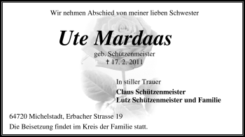 Traueranzeige von Ute Mardaas von Odenwälder Echo