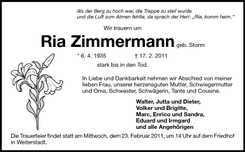 Traueranzeige von Ria Zimmermann von Darmstädter Echo, Odenwälder Echo, Rüsselsheimer Echo, Groß-Gerauer-Echo, Ried Echo