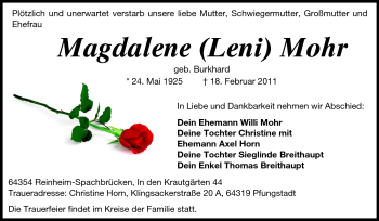 Traueranzeige von Magdalene Mohr von Echo-Zeitungen (Gesamtausgabe)