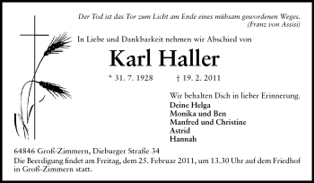 Traueranzeige von Karl Haller von Echo-Zeitungen (Gesamtausgabe)
