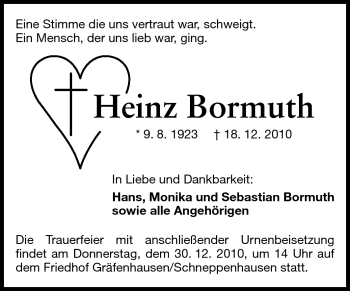 Traueranzeige von Heinz Bormuth von Darmstädter Echo, Odenwälder Echo, Rüsselsheimer Echo, Groß-Gerauer-Echo, Ried Echo