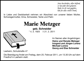 Traueranzeige von Marie Metzger von Rüsselsheimer Echo, Groß-Gerauer-Echo, Ried Echo