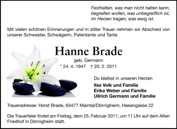 Traueranzeige von Hanne Brade von Odenwälder Echo