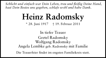 Traueranzeige von Heinz Radomsky von Echo-Zeitungen (Gesamtausgabe)