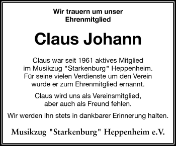 Traueranzeige von Claus Johann von Starkenburger Echo
