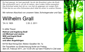 Traueranzeige von Wilhelm Grall von Odenwälder Echo