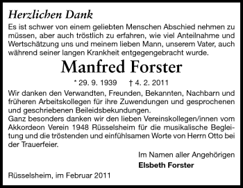 Traueranzeige von Manfred Forster von Rüsselsheimer Echo, Groß-Gerauer-Echo, Ried Echo