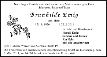 Traueranzeige von Brunhilde Emig von Odenwälder Echo