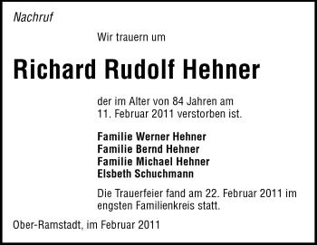 Traueranzeige von Richard Rudolf Hehner von Darmstädter Echo, Odenwälder Echo, Rüsselsheimer Echo, Groß-Gerauer-Echo, Ried Echo