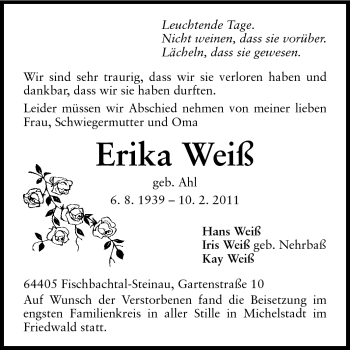 Traueranzeige von Erika Weiß von Darmstädter Echo, Odenwälder Echo, Rüsselsheimer Echo, Groß-Gerauer-Echo, Ried Echo