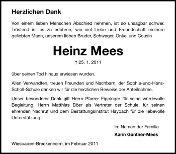 Traueranzeige von Heinz Mees von Rüsselsheimer Echo, Groß-Gerauer-Echo, Ried Echo