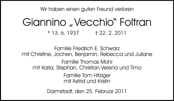Traueranzeige von Giannino Foltran von Echo-Zeitungen (Gesamtausgabe)
