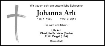 Traueranzeige von Johanna Arlt von Echo-Zeitungen (Gesamtausgabe)