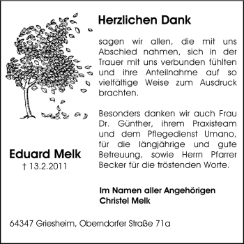 Traueranzeige von Eduard Melk von Echo-Zeitungen (Gesamtausgabe)