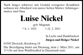 Traueranzeige von Luise Nickel von Darmstädter Echo, Odenwälder Echo, Rüsselsheimer Echo, Groß-Gerauer-Echo, Ried Echo