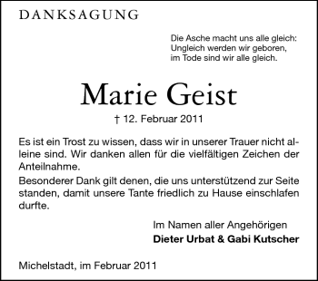 Traueranzeige von Marie Geist von Odenwälder Echo