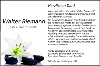 Traueranzeige von Walter Biemann von Rüsselsheimer Echo, Groß-Gerauer-Echo, Ried Echo