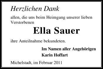 Traueranzeige von Ella Sauer von Odenwälder Echo