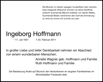 Traueranzeige von Ingeborg Hoffmann von Odenwälder Echo