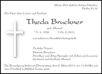 Traueranzeige von Theda Bruckner von Darmstädter Echo, Odenwälder Echo, Rüsselsheimer Echo, Groß-Gerauer-Echo, Ried Echo