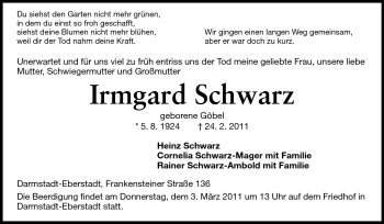 Traueranzeige von Irmgard Schwarz von Echo-Zeitungen (Gesamtausgabe)