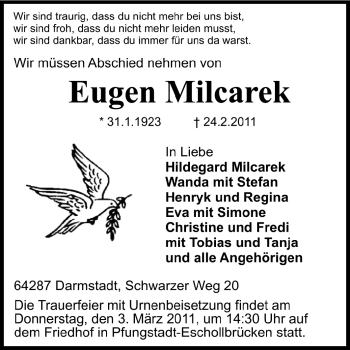 Traueranzeige von Eugen Milcarek von Echo-Zeitungen (Gesamtausgabe)