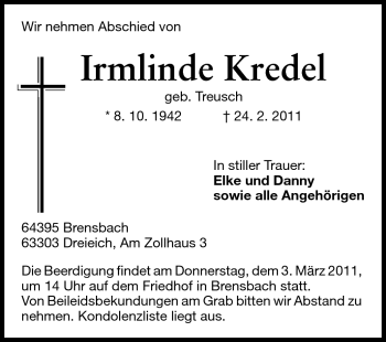 Traueranzeige von Irmlinde Kredel von Odenwälder Echo