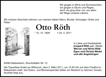 Traueranzeige von Otto Röth von Rüsselsheimer Echo, Groß-Gerauer-Echo, Ried Echo