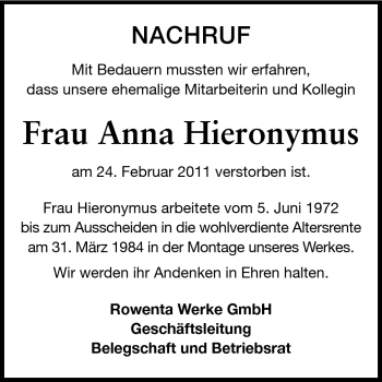 Traueranzeige von Anna Hieronymus von Odenwälder Echo