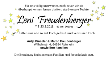 Traueranzeige von Leni Freudenberger von Echo-Zeitungen (Gesamtausgabe)