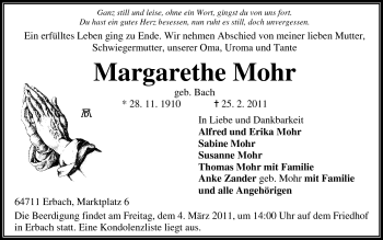 Traueranzeige von Margarethe Mohr von Odenwälder Echo
