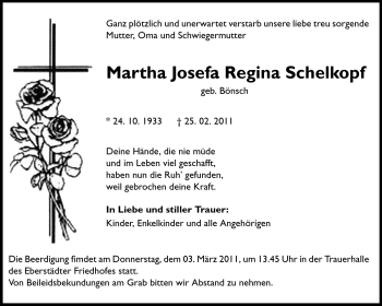 Traueranzeige von Martha Josefa Regina Schelkopf von Echo-Zeitungen (Gesamtausgabe)