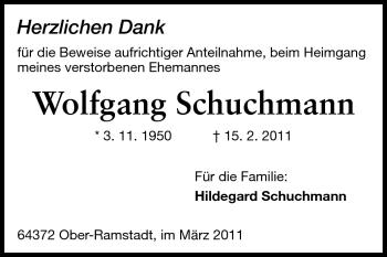 Traueranzeige von Wolfgang Schuchmann von Darmstädter Echo, Odenwälder Echo, Rüsselsheimer Echo, Groß-Gerauer-Echo, Ried Echo