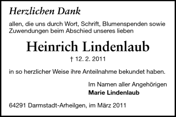 Traueranzeige von Heinrich Lindenlaub von Echo-Zeitungen (Gesamtausgabe)